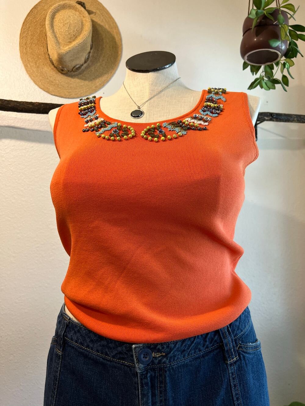 Vintage JAC Orange Ribbed Beaded Tank Top Size XL